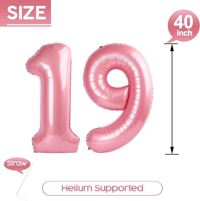 19 Balloon - Pastel Pink Birthday Number Balloons, 40 Inch Decorations | Pastel - Image 5