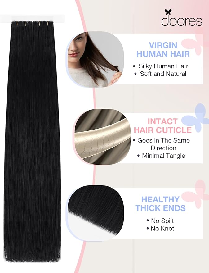 DOORES Seamless Tape in Hair Extensions Invisi Edge, Jet Black 10 Injection Tape-ins with 10 Injection Tape-ins 50g 16 Inch, Virgin Human Hair Injected Tape in Extensions Straight