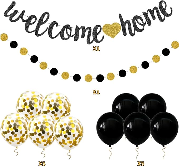 Welcome Home Decorations Set Glittery Black Gold Welcome Home Banner+2M - Image 3