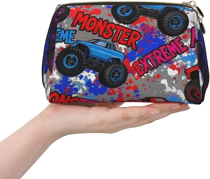 Monster Truck Car Grunge Leather Makeup Bag Cosmetic Pouch Portable Travel - Image 3