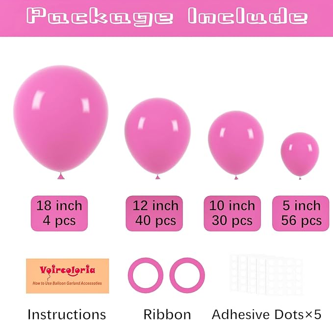Voircoloria 130pcs Retro Hot Pink Balloons Arch Kit, 18 12 10 5 Inch | - Image 2