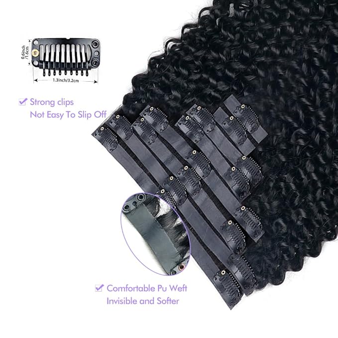 Seamless 3C 4A Kinky Curly Clip In Extension PU Weft Curly Clip in Extension Human Hair Clip Ins Full Head for Black Women Brazilian Remy Human Hair Natural Color 8Pcs with18clips 120g/Set (16 inch)