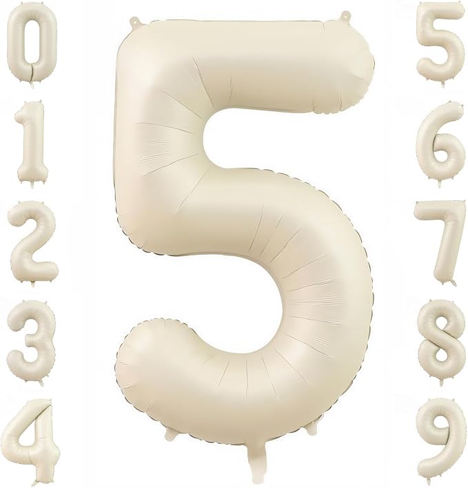 Cream Number 5 Balloons, 40 Inch 5 Balloons Giant Helium Foil Mylar Beige 5 by BBPOOL