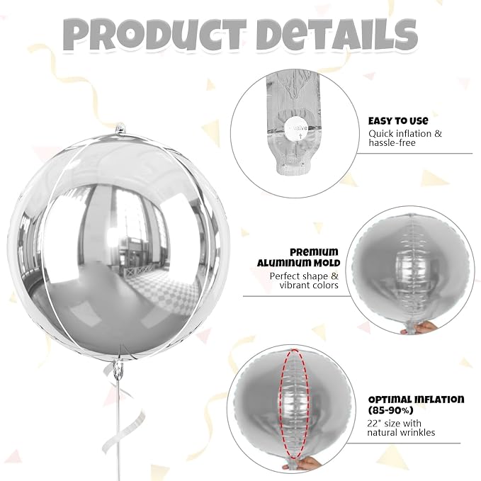 Silver Round Foil Balloons, 22 Inch 4D Round Ball Balloons Ornament, Giant - Image 9