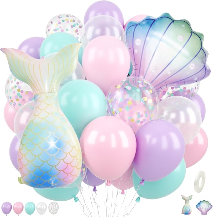 Mermaid Balloons for Girls Party Decor | 12 Inch Pink Purple Mermaid Theme by FEYG