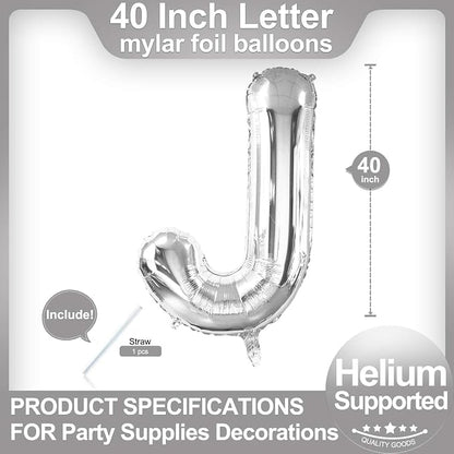 40 Inch Silver Letter J Balloons, DIY Phrase Foil Alphabet Letter J Balloons - Image 2