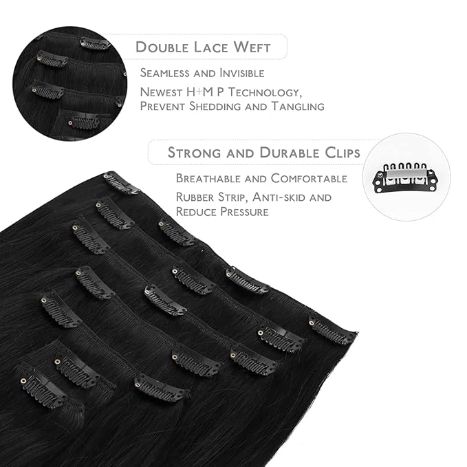 WENNALIFE Clip in Hair Extensions Real Human Hair, 22 Inch 160g 7pcs Jet Black Remy Hair Straight Natural Extensiones De Cabello Humano Con Clip Ins