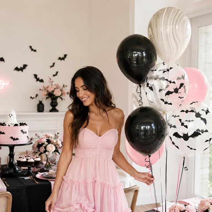 HILAVO Pink Halloween Balloons Pastel Pink and Black Bat Balloons | - Image 8