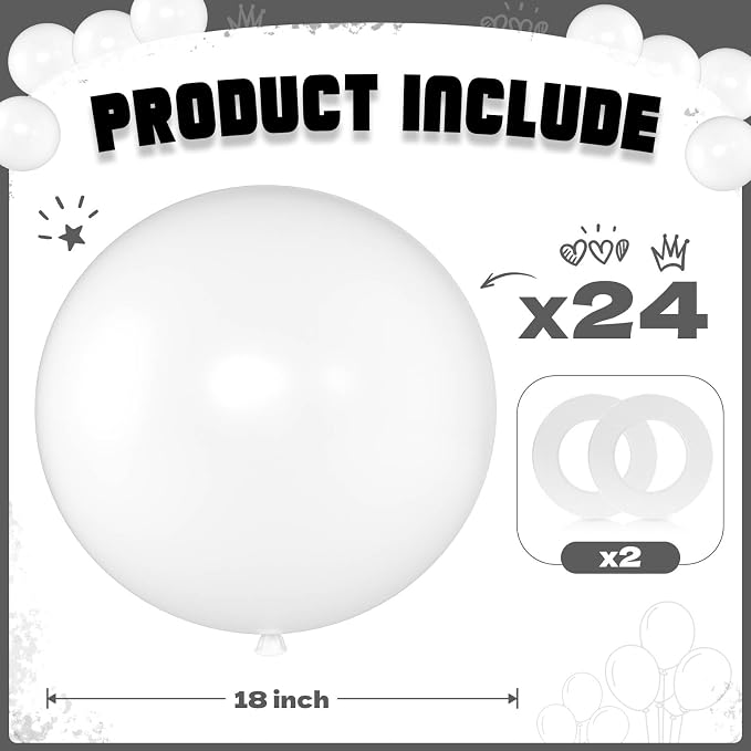 White Balloons 18 Inch 24 Pack Matte Helium Latex Round Balloons - Image 2