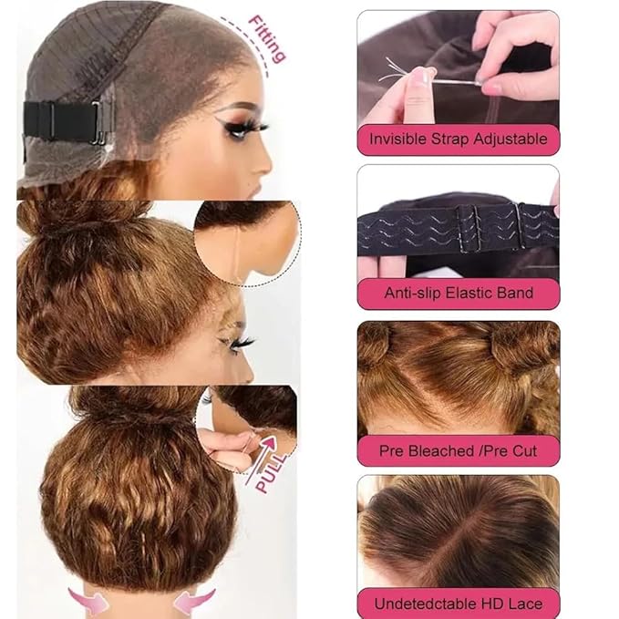 Hidden Strap 360 Water Wave 220% Density Honey Blonde Deep Curly Human Hair wig Ombre Deep Wave 4/27 Highlight Lace Front Wigs Pre Plucked Wet And Wavy Water Wave Wig for Women 20 Inch