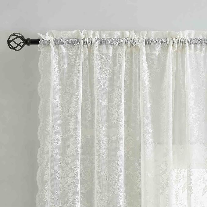 FINECITY Ivory Lace Curains for Bedroom Rustic Floral 52 x 90 Inch 2 Panels | - Image 4