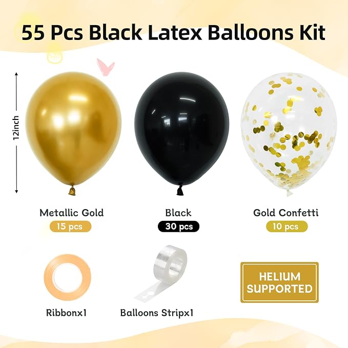 Black and Gold Balloons 55 Pcs 12 Inch Metallic Gold Balloons Black Balloon - Image 2