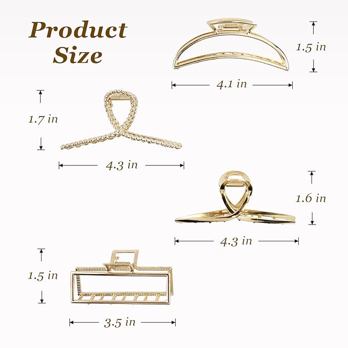 4 Pcs Large Metal Hair Claw Clips for Women, Non-slip Claw Clips with Strong Hold Jaw, Fashion Accessories for Thin Thick Long Curly Hair (Gold1)