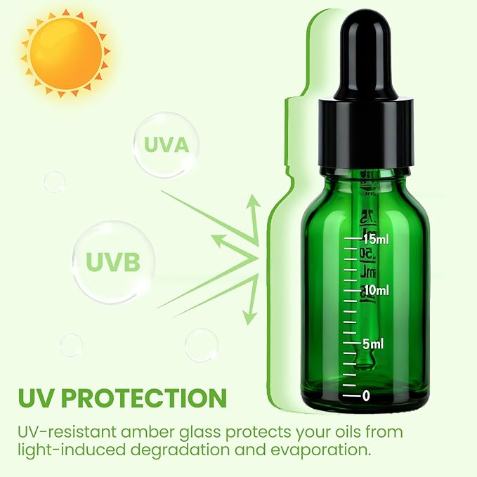 50 Pcs 1/2oz Green Glass Dropper Bottles with Measurement, 30ml Leakproof Tincture Bottles with Funnels, Eye Droppers, Extra Caps & Labels, Refillable Empty Bottles for Tinctures, Essential Oils
