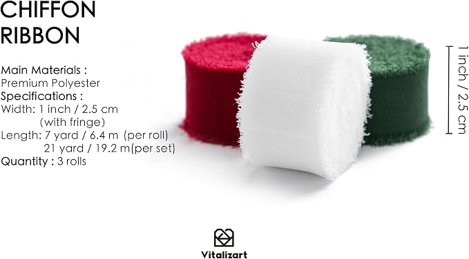 Vitalizart Christmas Ribbon Chiffon Silk 1" x 21Yd Handmade Frayed Fringes | - Image 2