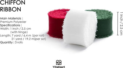 Vitalizart Christmas Ribbon Chiffon Silk 1" x 21Yd Handmade Frayed Fringes | - Image 2