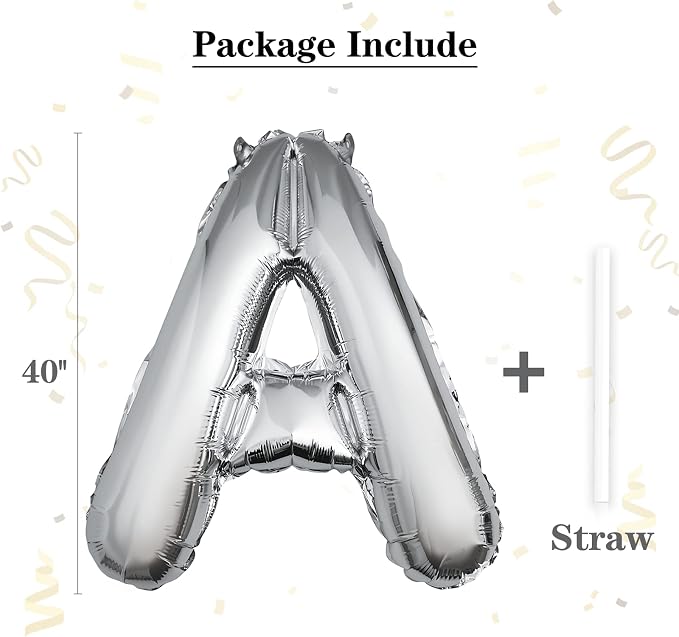40 inch Silver Letter A Balloon, Big Size Alphabet Foil Mylar Helium Balloons - Image 2