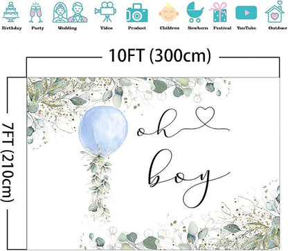 Mocsicka Oh Boy Watercolor Blue Balloon Backdrop Greenery Boy Baby Shower - Image 3