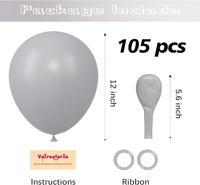Voircoloria 105pcs Light Gray Party Latex Balloons, 12inch | - Image 2