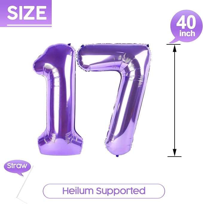 17 Balloon - Purple Birthday Number Balloons, 40 Inch Decorations Men Women | - Image 5