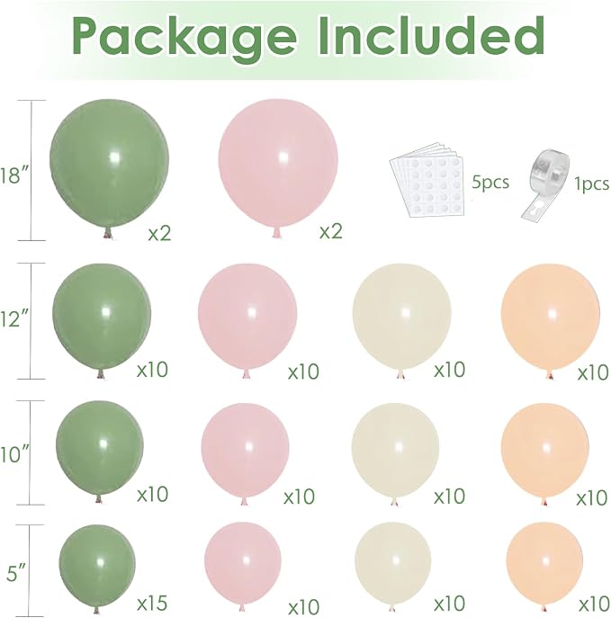 Pink Green White Sand Balloons Arch Kit, Party Decor | Sage Green, Pastel Pink - Image 2