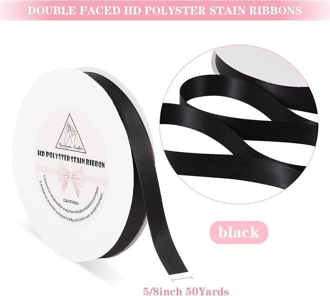 Black Satin Ribbon for Gift Warping, 5/8inch 50 Yards Solid Polyester Fabric - Image 2