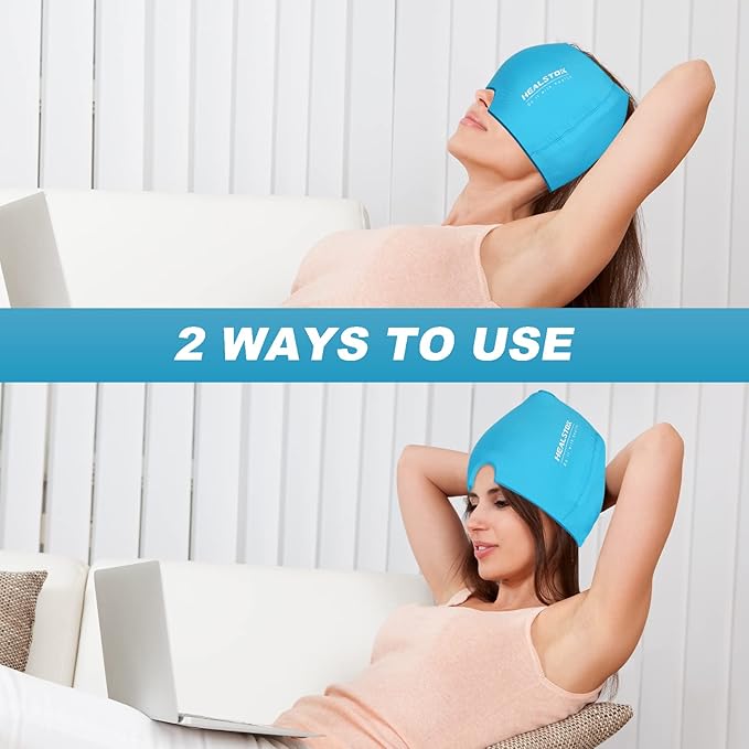 Head Ice Hat, Ice Cap for Head, Ice Head Wrap, Cold & Hot Therapy Reusable 360 Compression Flexible Ice Pack Wrap. Blue