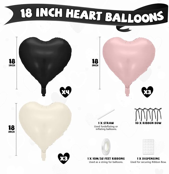 Pink and Black Heart Balloons, 18 Inch Pink Sand White Foil Balloons - Image 2