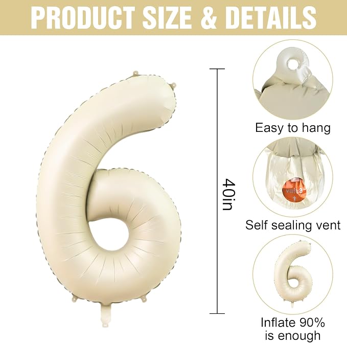 Number 6 Balloon Beige, 40 Inch Large Cream Foil 6 Helium Balloons - Image 2