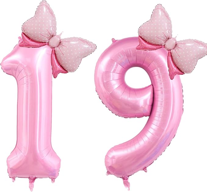 40 inch Number 19 Balloon with Bow Pink Happy Birthday Jumbo Number Balloons by OIBUTUR