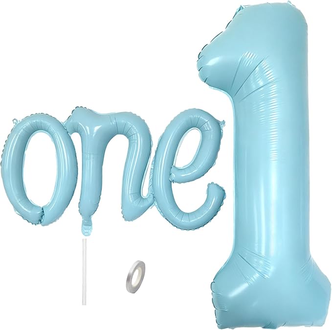 2Pcs Matte Blue Foil 40" Number 1 and 26" Script Letter One Balloon Set | Large by WEILINZHOU