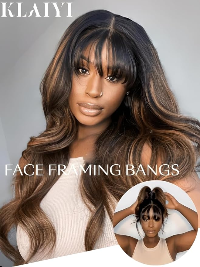 KLAIYI Ombre Brown Loose Body Wave Bye Bye Knots Glueless Precut 7x5 HD Lace Front Human Hair Bang Wig Drawstring Highlight Balayage Brown Pre Plucked Bleached 30S Ready to Wear and Go Wig 180% 16Inch