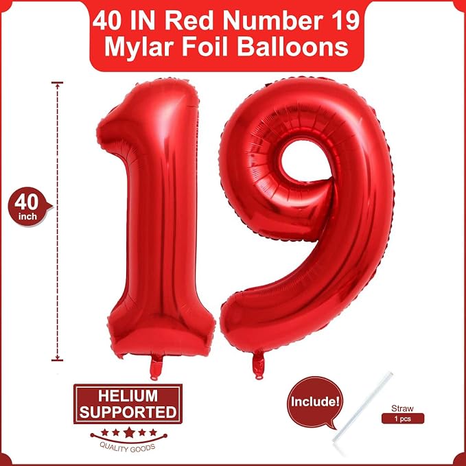 40 Inch Red 19 Balloons Giant 19 Balloons Red 19 Birthday Balloons 19th - Image 2