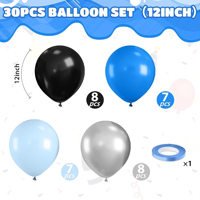 Blue Black Silver Balloons, 12 Inch Boy Birthday Baby Shower Party Decorations - Image 2