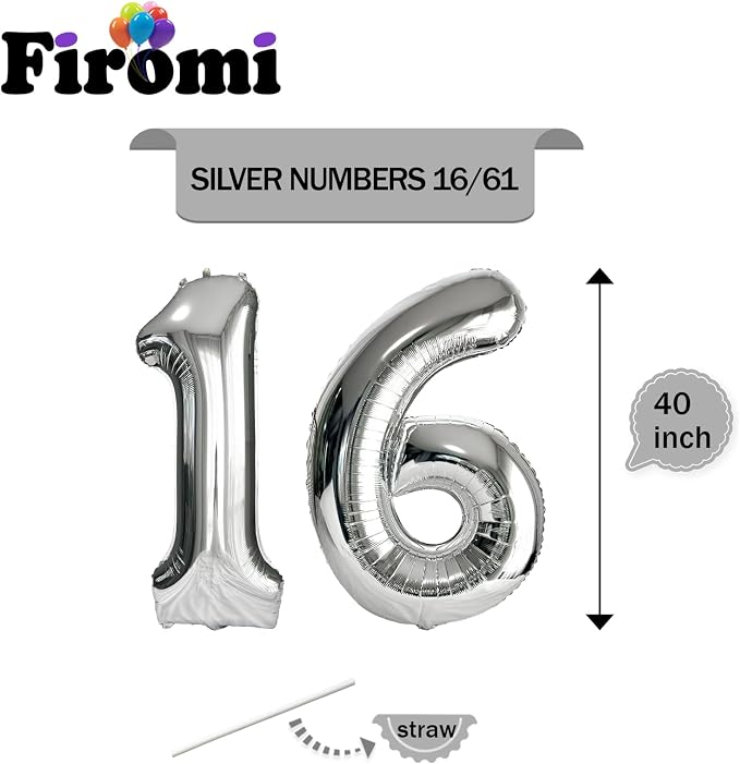 FIROMI 16 Number Balloons Silver Big Foil Mylar 61 Balloon Numbers 40-inch | - Image 2