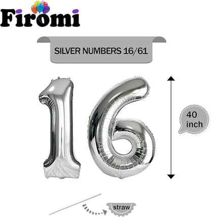 FIROMI 16 Number Balloons Silver Big Foil Mylar 61 Balloon Numbers 40-inch | - Image 2