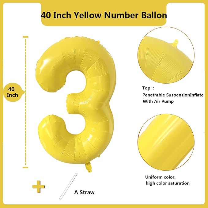 40 inch Yellow Number Balloon Giant Foil Helium Balloons Number 3 Balloon - Image 2