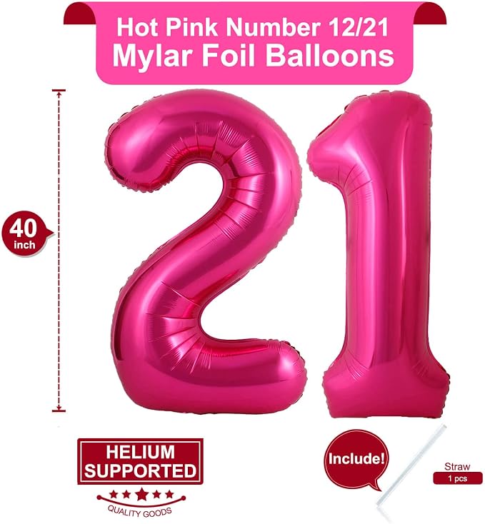 40 Inch Hot Pink 21 Number Balloons Giant Jumbo Huge 12 or 21 Foil Mylar Helium - Image 2