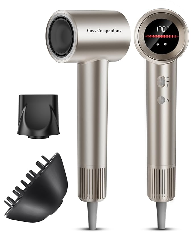 Cosy Companions Hair Dryer, 150000RPM High-Speed Hairdryer for Fast Drying, Low Noise, HD Display, 5 Temps & 2 Speeds, 500 Million Negative Ionic Blow Dryer, Gold