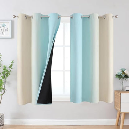 Beige and Aqua Ombre Blackout Curtains 45 Inch Length 2 Panels, Full Room - Image 2