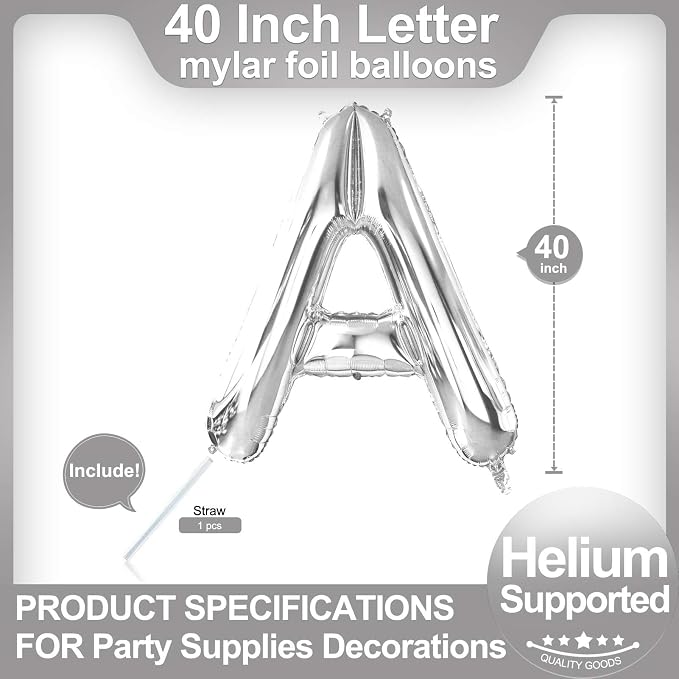 40 Inch Silver Letter A Balloons, DIY Phrase Foil Alphabet Letter A Balloons - Image 2
