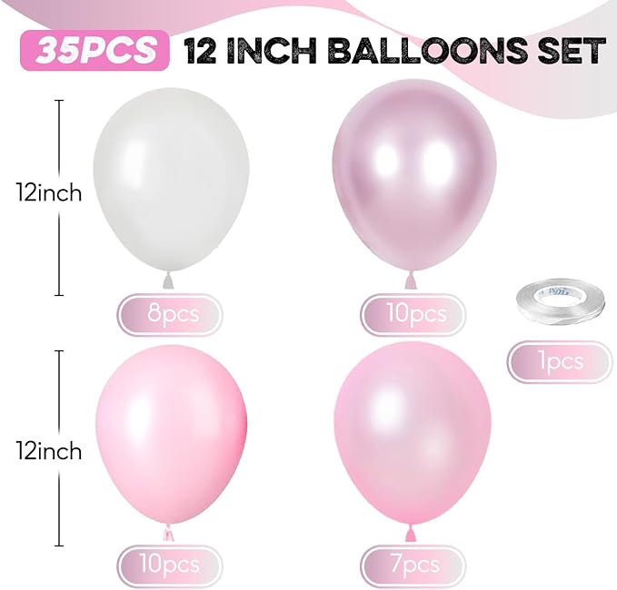 Pink Balloons Set, 12 Inch Metallic Light Baby Pink and White Balloon, - Image 2