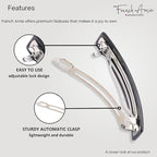 French Amie Oblong Handmade 3.5" Celluloid Hair Barrette Clip Women Hair Accessories, Made in France (Black Finish)