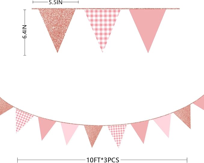 Dusty Rose Pink Buffalo Plaid Rose Gold Party Decorations Pennant Banner Flag - Image 2