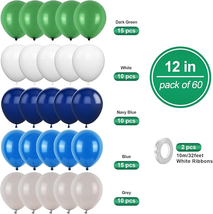 Blue Green Balloons Set, 12 Inch Navy Blue Dark Green Grey Latex Balloons Helium - Image 2