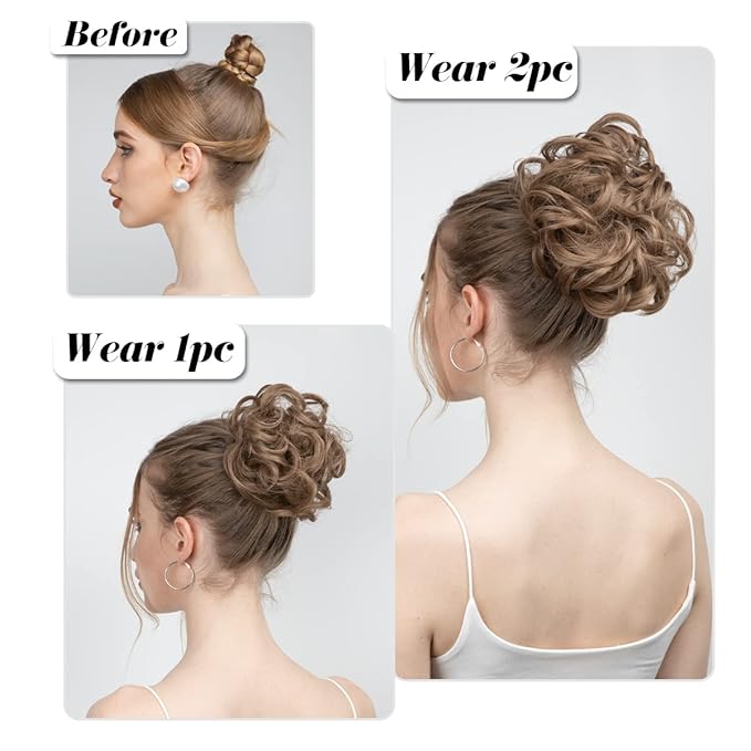 SARLA 2PCS Grey Messy Hair Bun Hair Pieces Wavy Curly Synthetic Updo Fake Scrunchies Ponytail Extension for Women 171#