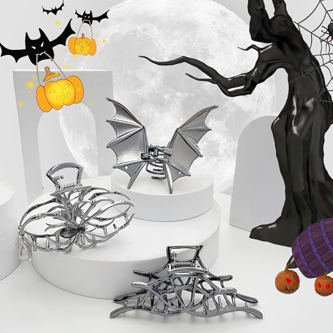 Halloween 3PCS Spider Net Bat Hair Claw Clips Hair Styling Accessories for Women Girls, Gothic Black Metal with Pearl Spooky Large Medium Size Catch Clips for thick Hair Holiday Gifts(Black Gun)