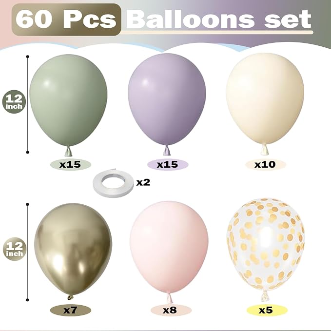Dusty Green Purple Pink Balloon, 60 Packs 12 Inch Lavender Pastel Pink Balloon - Image 2