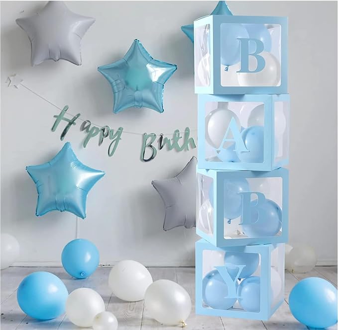 Baby Shower Boxes Party Decorations – 4 pcs Blue Transparent Balloon Boxes – - Image 3