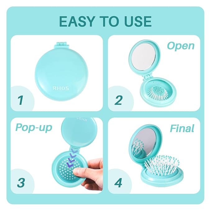 RHOS Folding Brush with Mirror for Women, Men & Kids - Compact, Portable, and Foldable for Travel, Purse or Pocket (Blue)